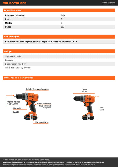 Rotomartillo/destornillador 1/2", 20V, 2 baterías 2Ah, PRO