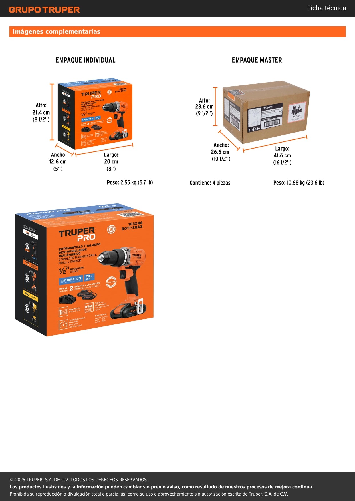 Rotomartillo/destornillador 1/2", 20V, 2 baterías 2Ah, PRO
