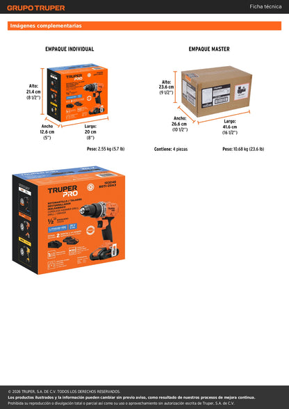 Rotomartillo/destornillador 1/2", 20V, 2 baterías 2Ah, PRO