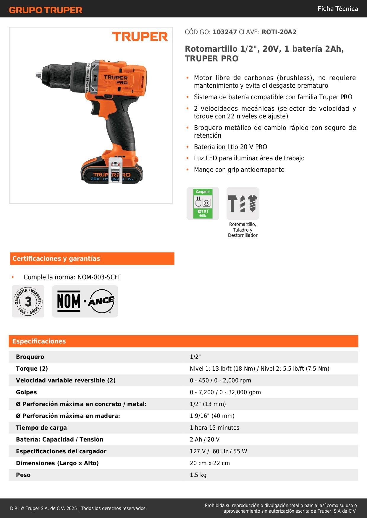 Rotomartillo Inalámbrico 20V TRUPER PRO ROTI-20A2 - Motor Brushless, 2 Velocidades, Batería 2Ah Ion Litio, Broquero Cambio Rápido