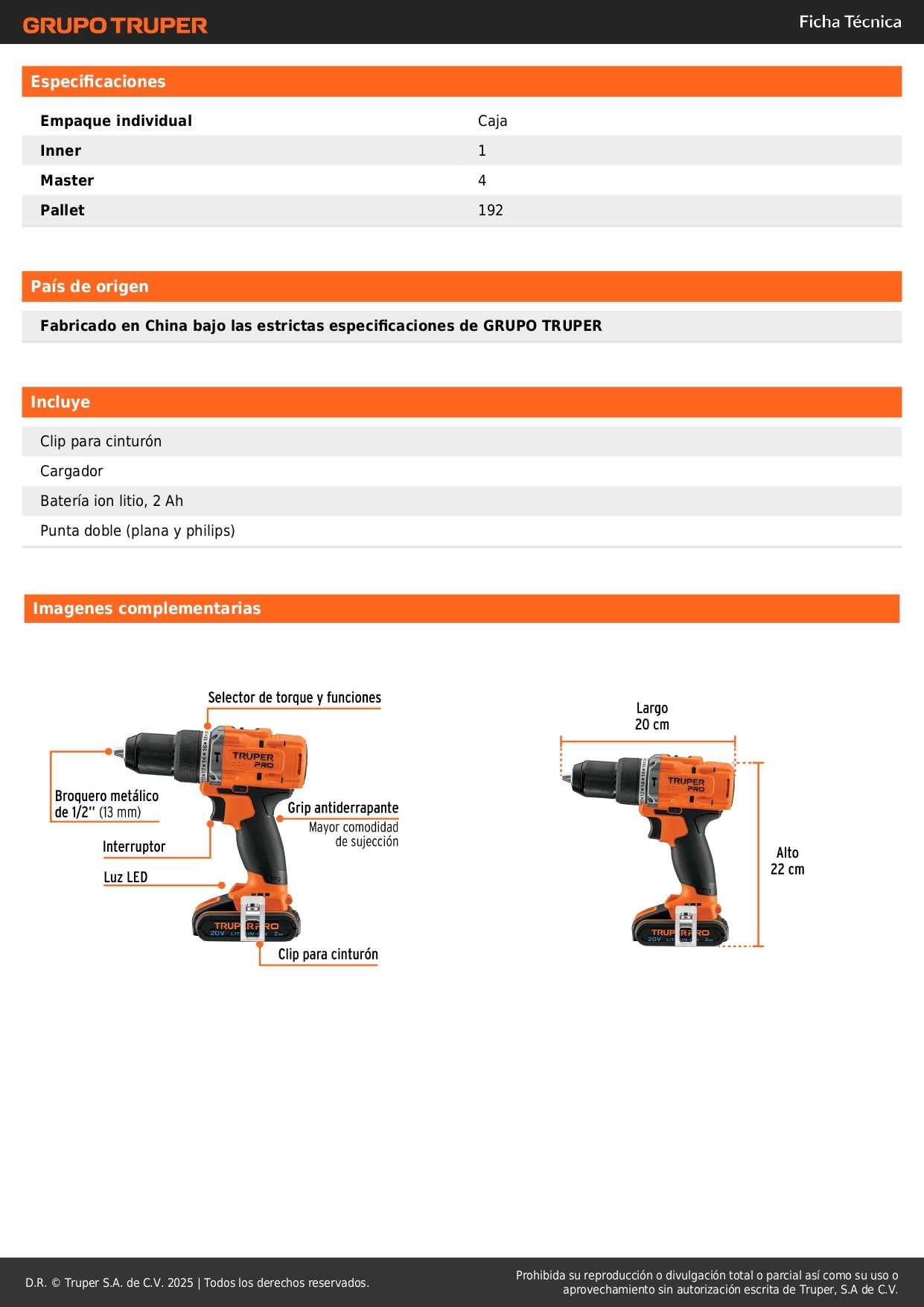 Rotomartillo Inalámbrico 20V TRUPER PRO ROTI-20A2 - Motor Brushless, 2 Velocidades, Batería 2Ah Ion Litio, Broquero Cambio Rápido