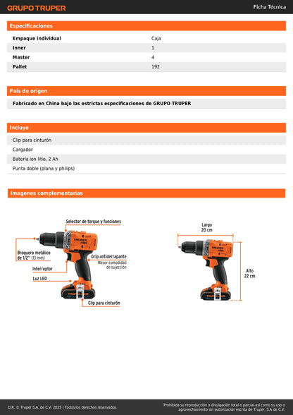 Rotomartillo Inalámbrico 20V TRUPER PRO ROTI-20A2 - Motor Brushless, 2 Velocidades, Batería 2Ah Ion Litio, Broquero Cambio Rápido