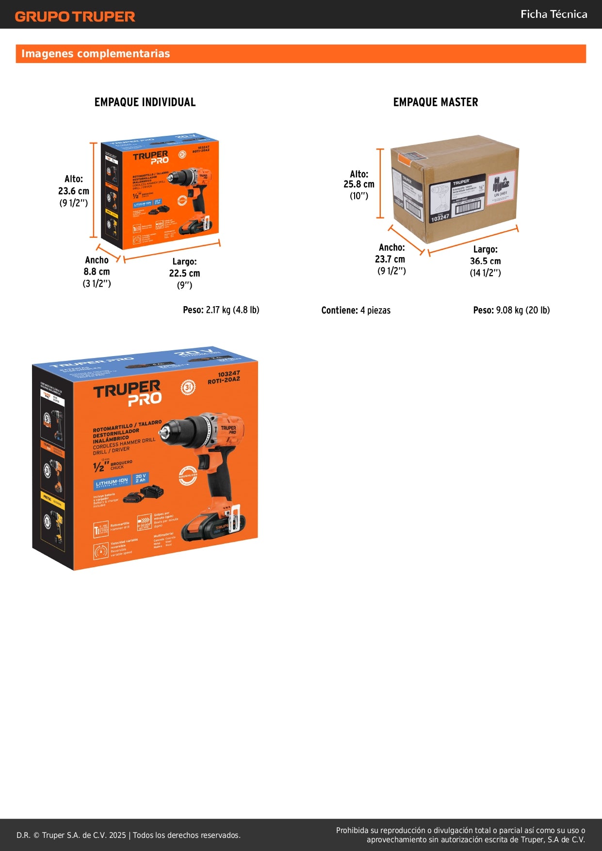 Rotomartillo Inalámbrico 20V TRUPER PRO ROTI-20A2 - Motor Brushless, 2 Velocidades, Batería 2Ah Ion Litio, Broquero Cambio Rápido