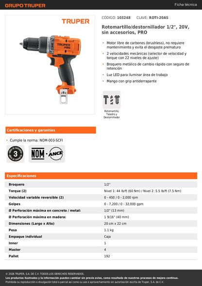 Rotomartillo/destornillador 1/2", 20V, sin accesorios, PRO