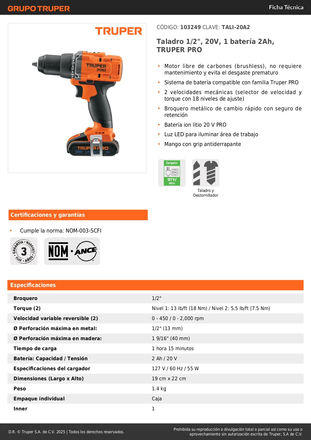 Taladro Inalámbrico 1/2 Pulgada 20V Brushless TRUPER PRO TALI-20A2 con Batería 2Ah - Motor Sin Carbones 2 Velocidades