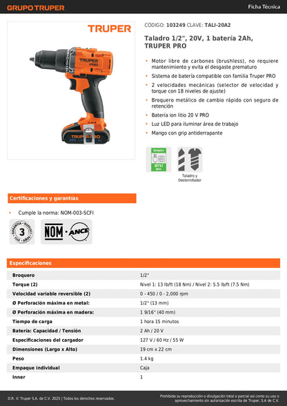 Taladro Inalámbrico 1/2 Pulgada 20V Brushless TRUPER PRO TALI-20A2 con Batería 2Ah - Motor Sin Carbones 2 Velocidades
