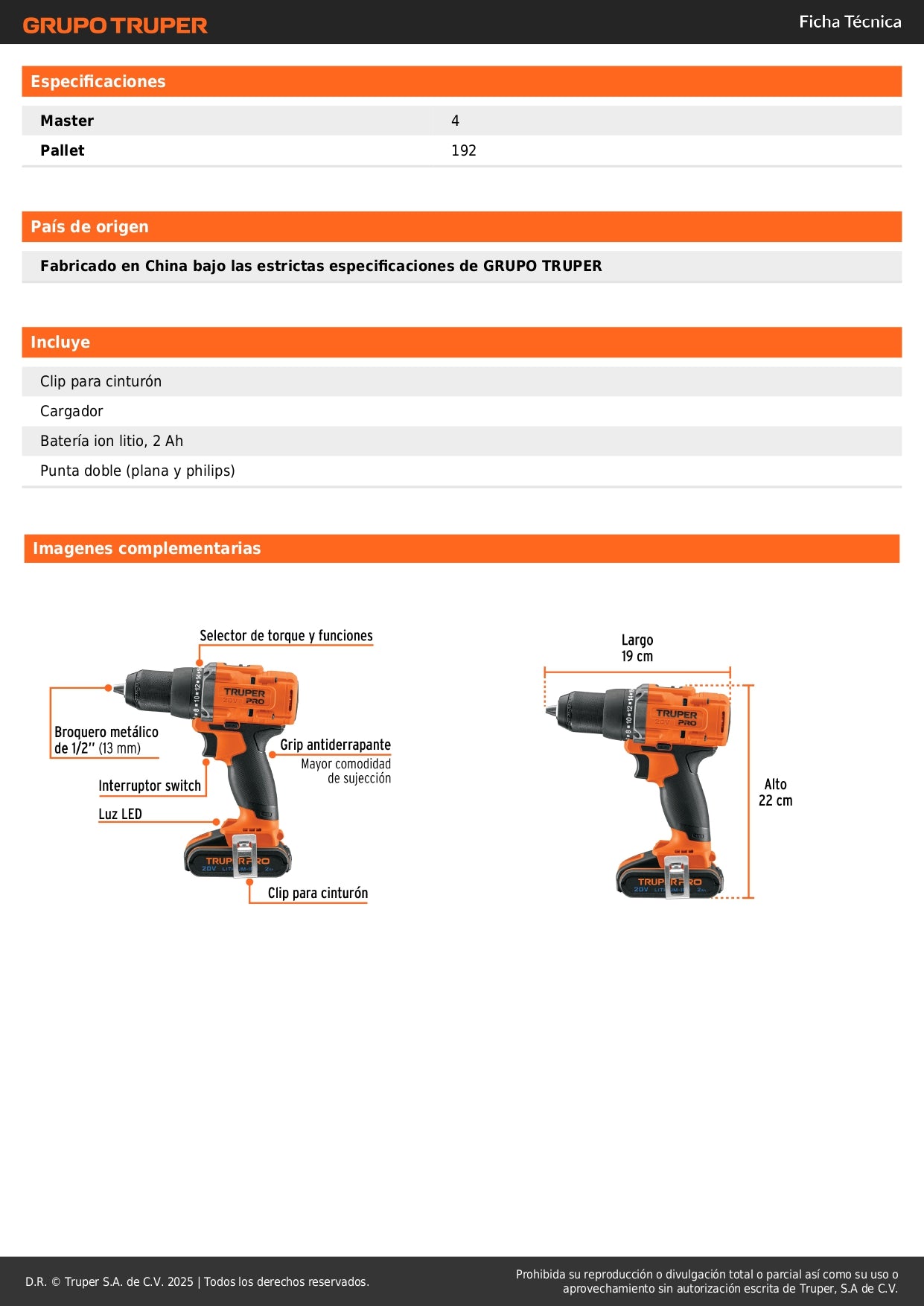 Taladro Inalámbrico 1/2 Pulgada 20V Brushless TRUPER PRO TALI-20A2 con Batería 2Ah - Motor Sin Carbones 2 Velocidades