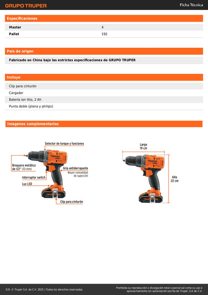 Taladro Inalámbrico 1/2 Pulgada 20V Brushless TRUPER PRO TALI-20A2 con Batería 2Ah - Motor Sin Carbones 2 Velocidades