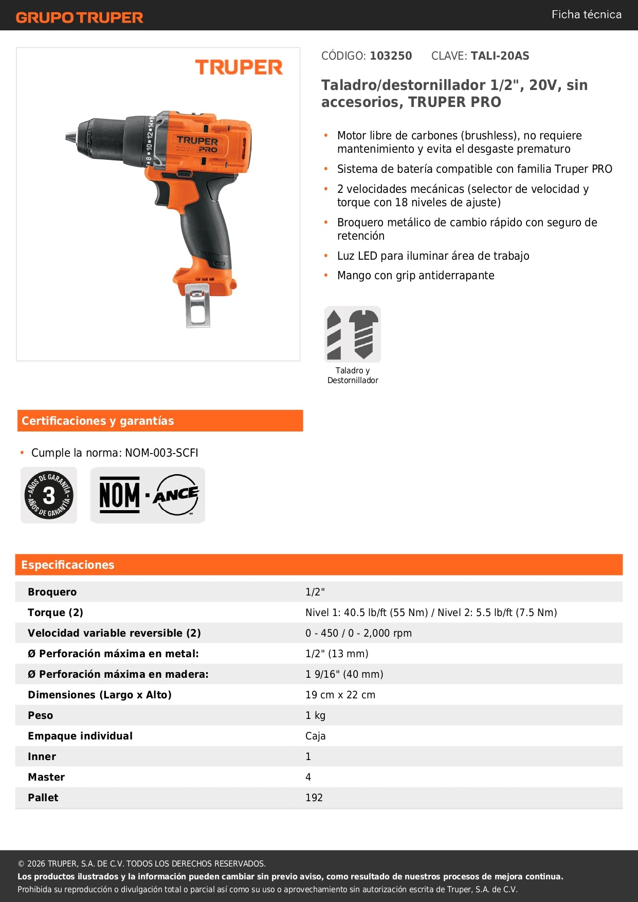 Taladro/destornillador 1/2", 20V, sin accesorios, TRUPER PRO