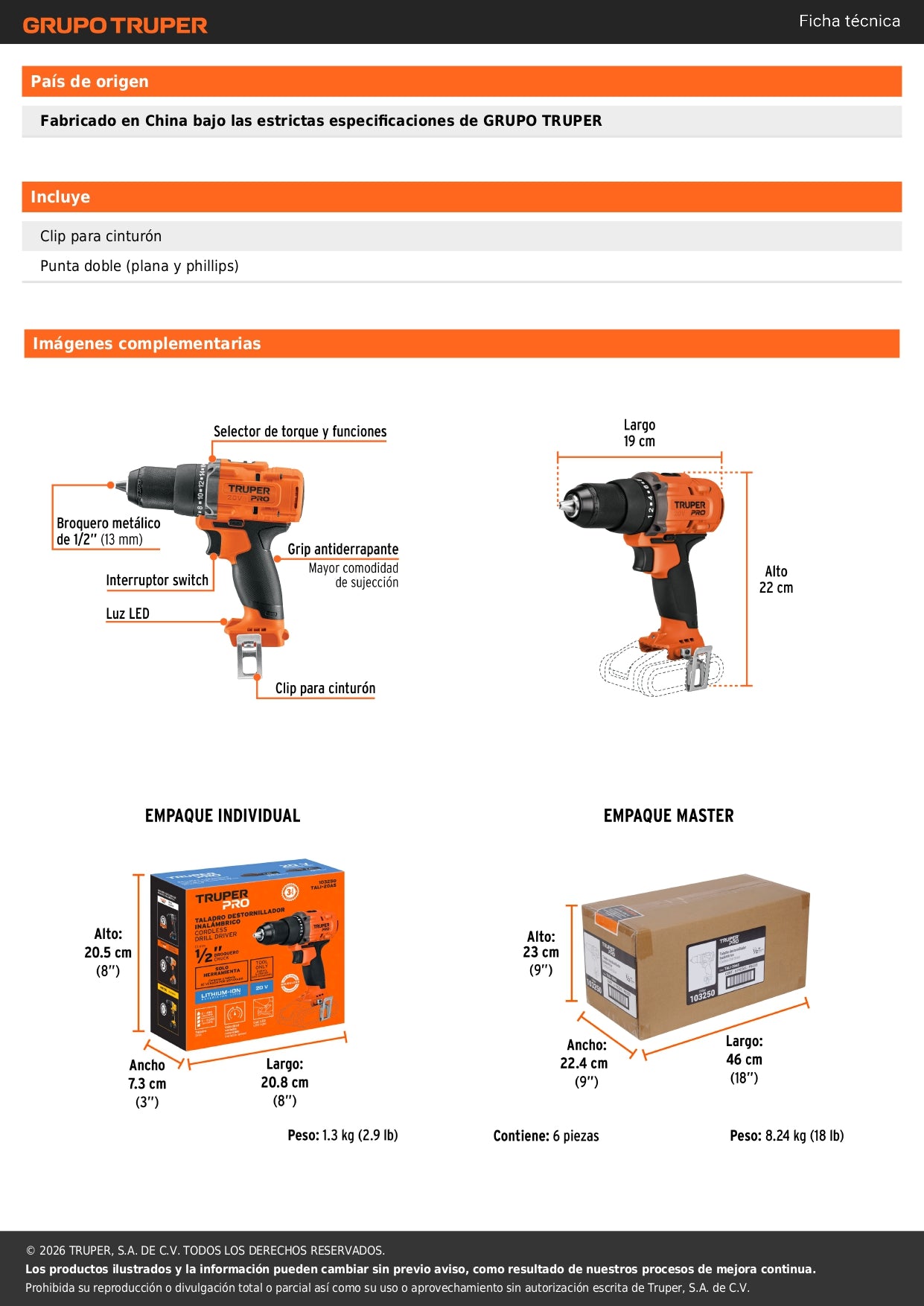 Taladro/destornillador 1/2", 20V, sin accesorios, TRUPER PRO