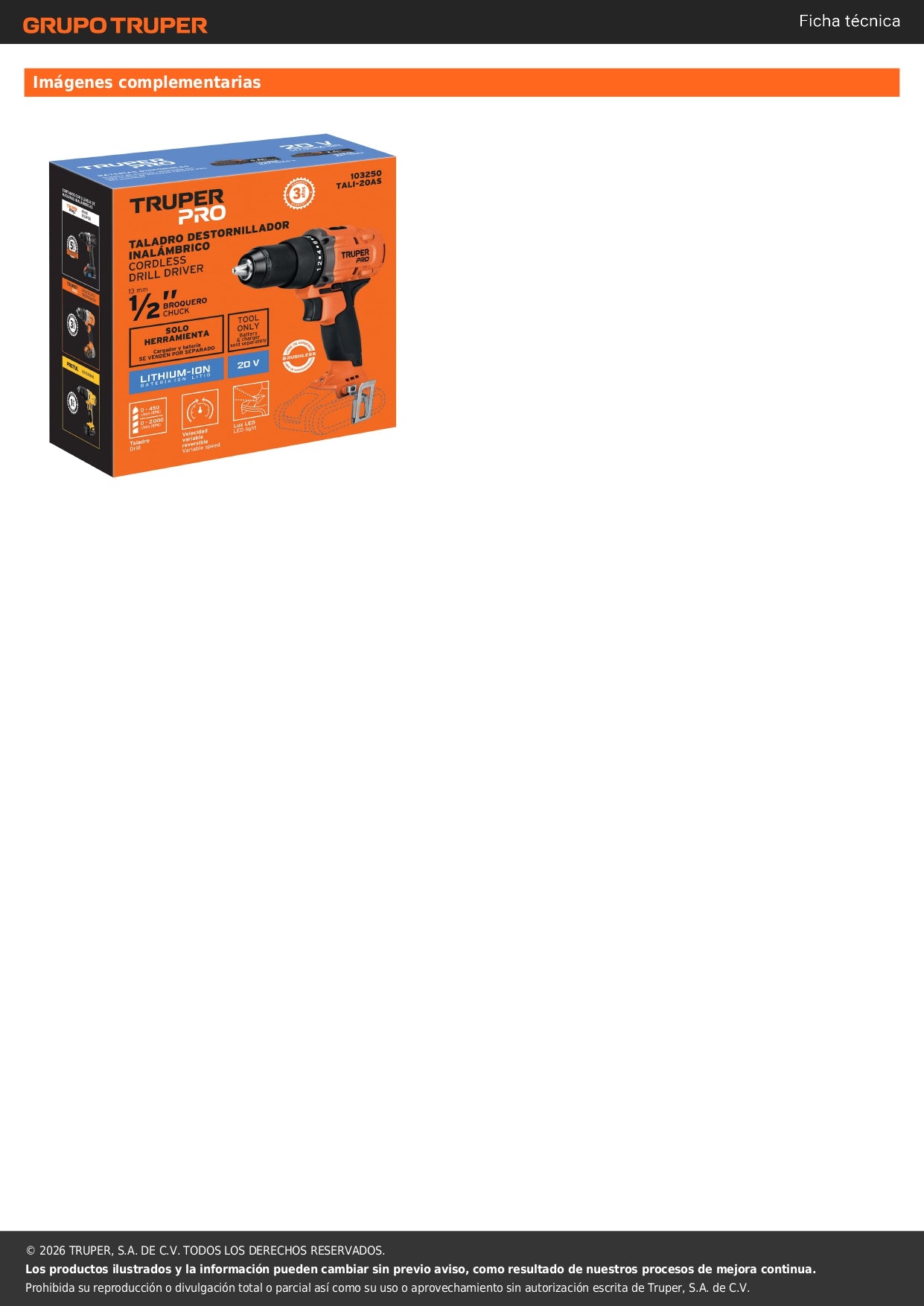 Taladro/destornillador 1/2", 20V, sin accesorios, TRUPER PRO