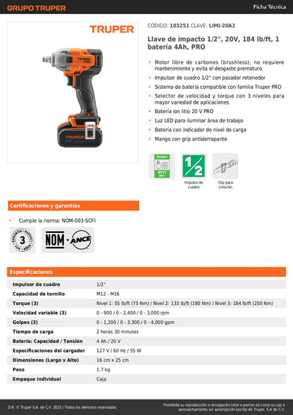 Llave de Impacto Inalámbrica 1/2 Pulgada 20V 184 lb/ft TRUPER PRO LIMI-20A2 Brushless con Batería 4Ah