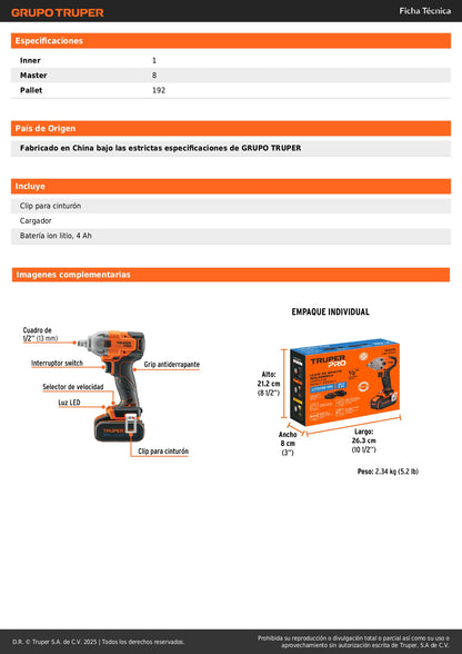 Llave de Impacto Inalámbrica 1/2 Pulgada 20V 184 lb/ft TRUPER PRO LIMI-20A2 Brushless con Batería 4Ah