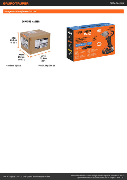 Llave de Impacto Inalámbrica 1/2 Pulgada 20V 184 lb/ft TRUPER PRO LIMI-20A2 Brushless con Batería 4Ah