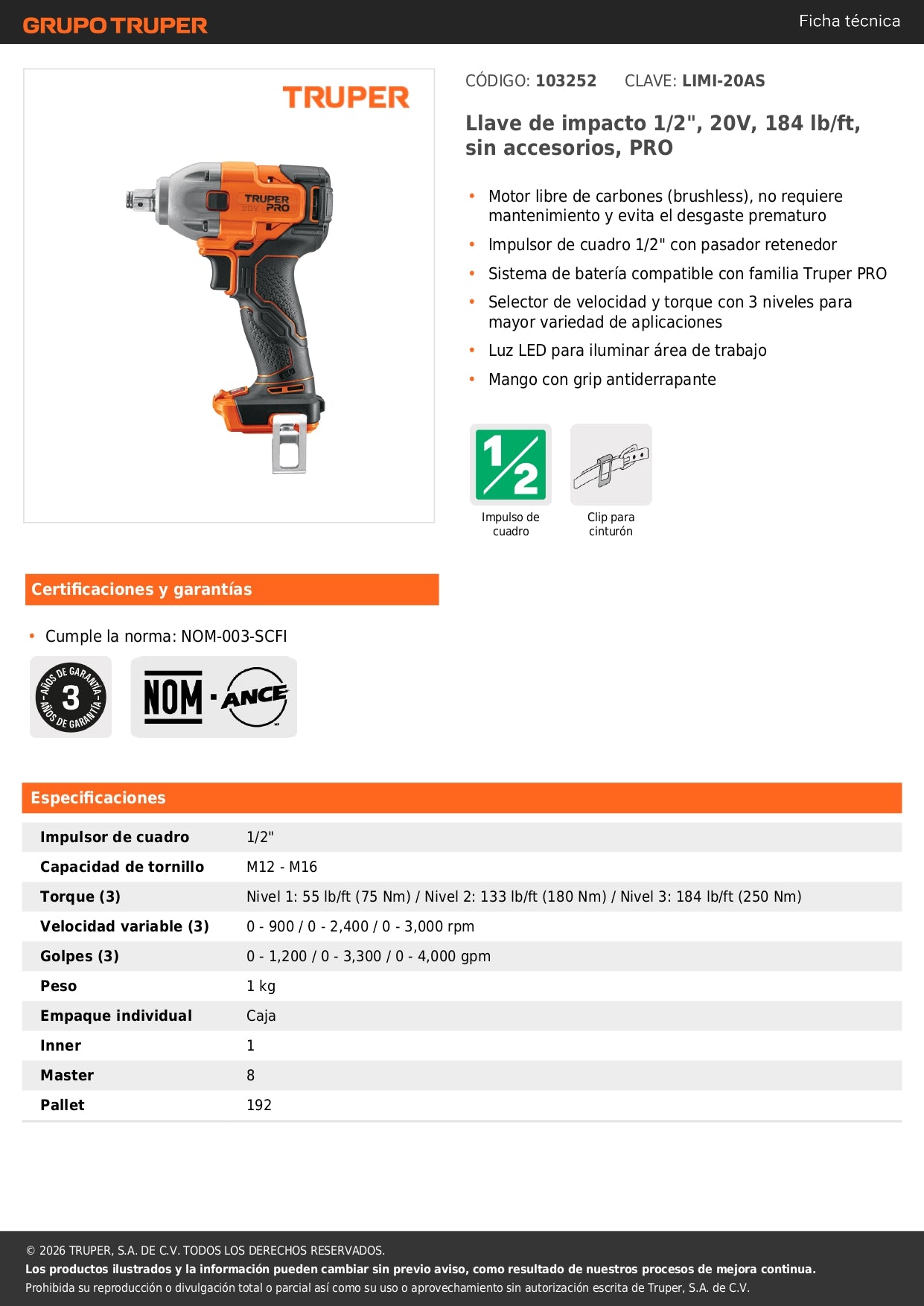 Llave de impacto 1/2", 20V, 184 lb/ft, sin accesorios, PRO