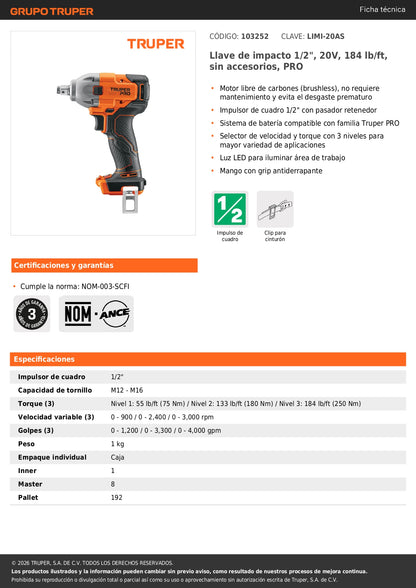 Llave de impacto 1/2", 20V, 184 lb/ft, sin accesorios, PRO