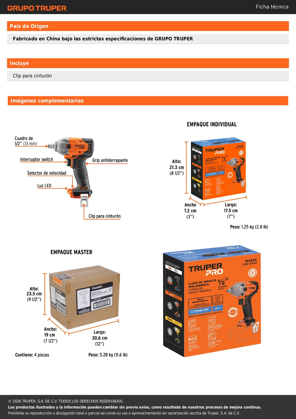 Llave de impacto 1/2", 20V, 184 lb/ft, sin accesorios, PRO