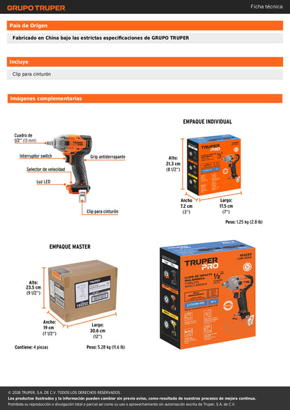 Llave de impacto 1/2", 20V, 184 lb/ft, sin accesorios, PRO