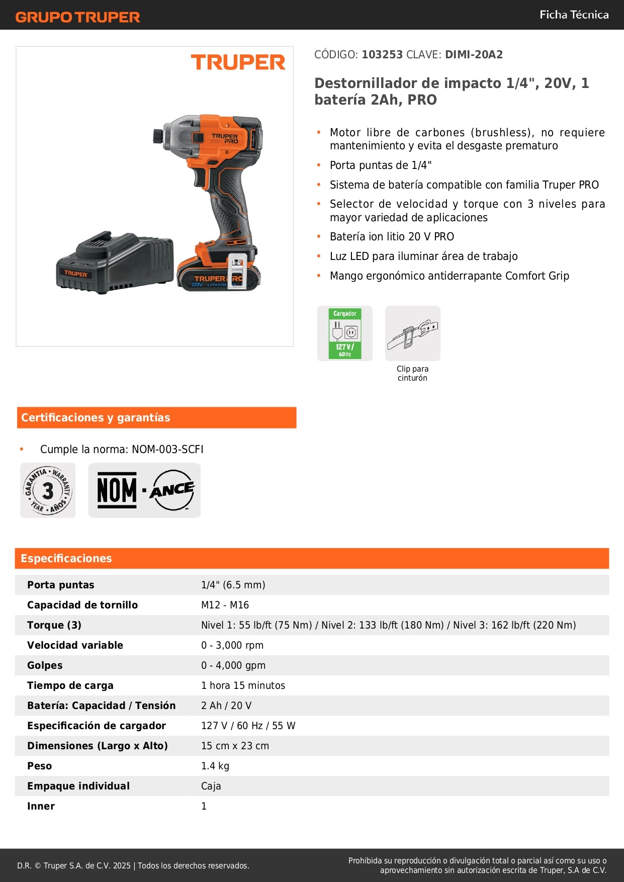 Destornillador de Impacto Inalámbrico 20V Truper PRO DIMI-20A2 - Motor Brushless con Batería 2Ah