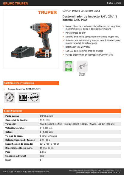 Destornillador de Impacto Inalámbrico 20V Truper PRO DIMI-20A2 - Motor Brushless con Batería 2Ah