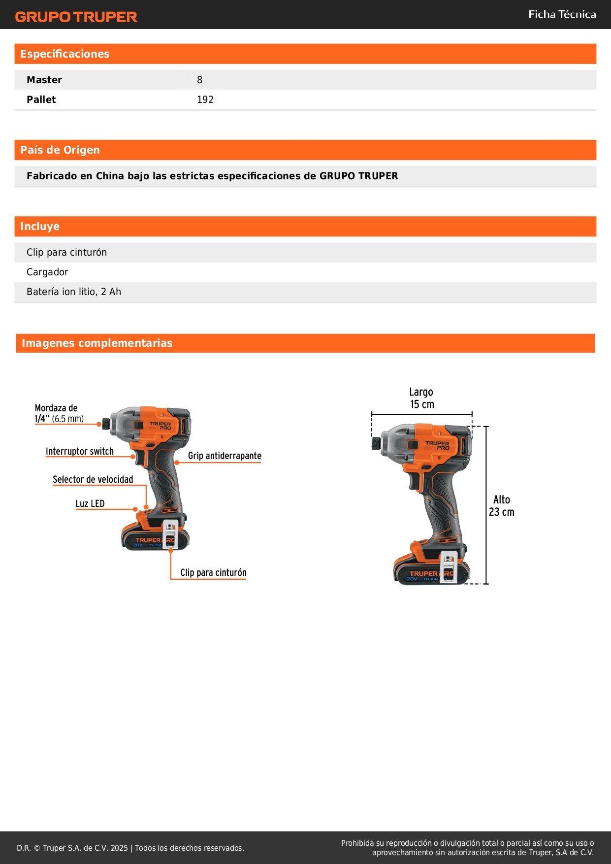 Destornillador de Impacto Inalámbrico 20V Truper PRO DIMI-20A2 - Motor Brushless con Batería 2Ah