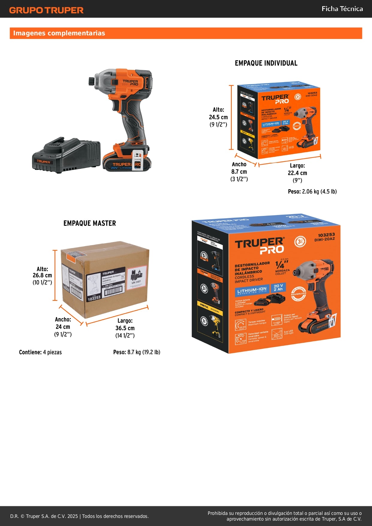 Destornillador de Impacto Inalámbrico 20V Truper PRO DIMI-20A2 - Motor Brushless con Batería 2Ah