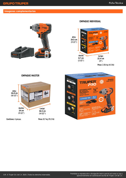 Destornillador de Impacto Inalámbrico 20V Truper PRO DIMI-20A2 - Motor Brushless con Batería 2Ah