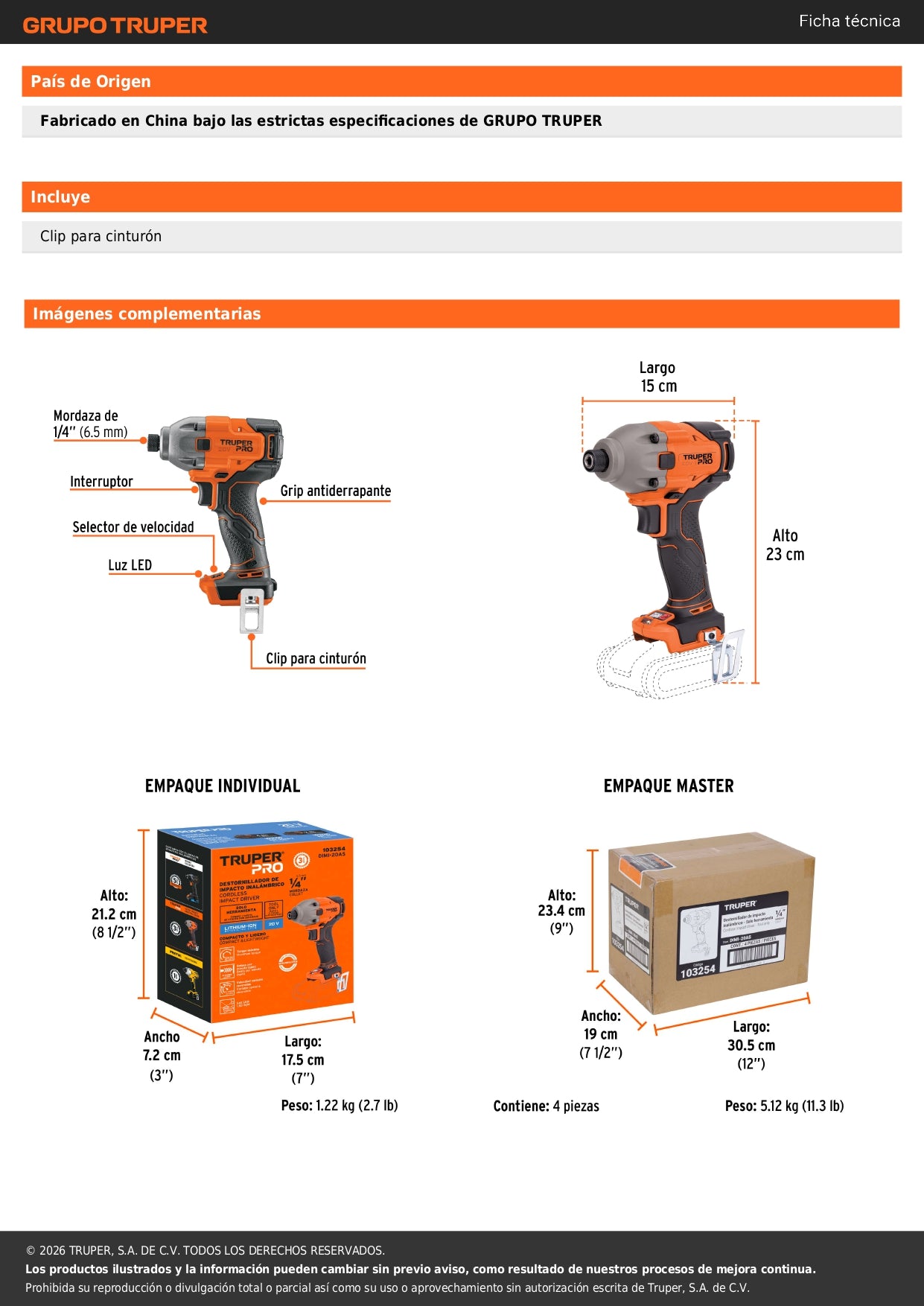 Destornillador de impacto 1/4", 20V, sin accesorios, PRO
