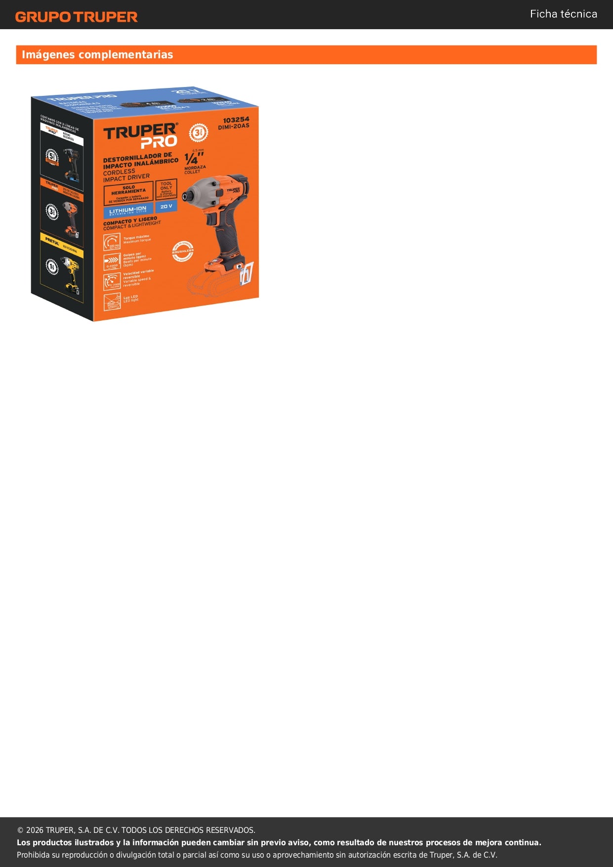 Destornillador de impacto 1/4", 20V, sin accesorios, PRO
