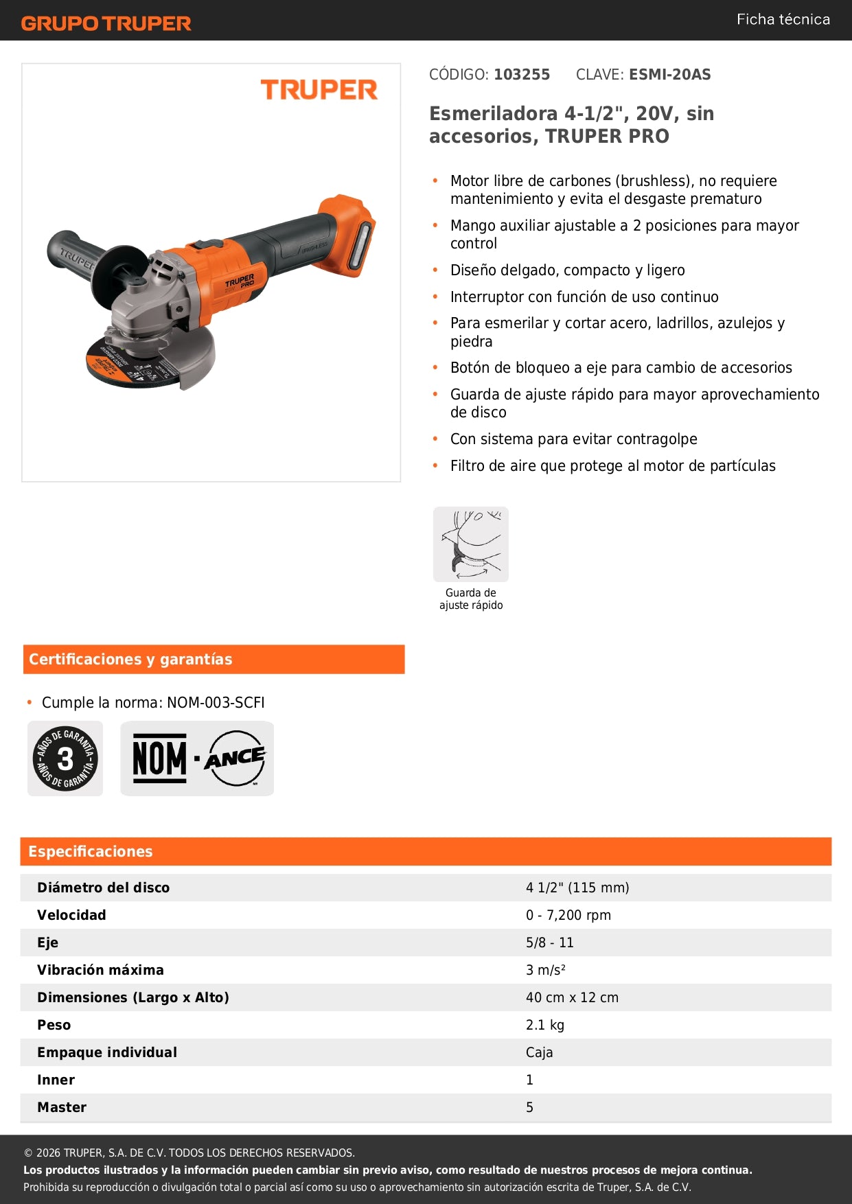 Esmeriladora 4-1/2", 20V, sin accesorios, TRUPER PRO
