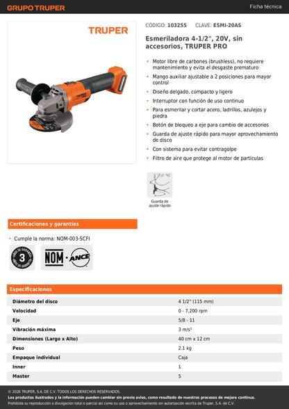Esmeriladora 4-1/2", 20V, sin accesorios, TRUPER PRO