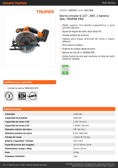 Sierra Circular 6-1/2 Pulgadas 20V Inalámbrica TRUPER PRO SICI-20A con Batería 4Ah - Corte Bisel 50° Profesional