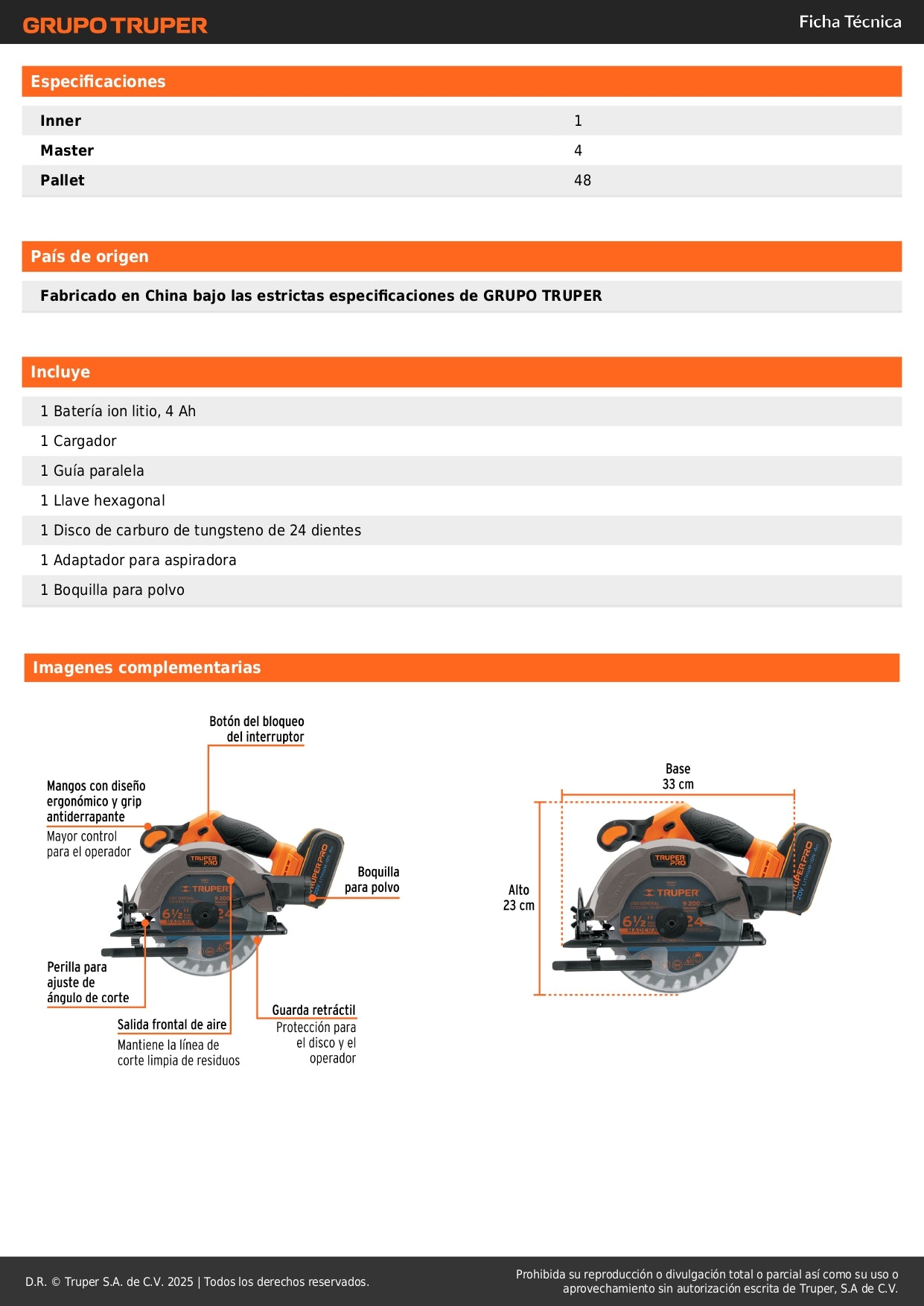 Sierra Circular 6-1/2 Pulgadas 20V Inalámbrica TRUPER PRO SICI-20A con Batería 4Ah - Corte Bisel 50° Profesional