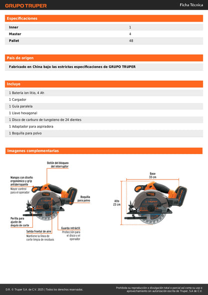 Sierra Circular 6-1/2 Pulgadas 20V Inalámbrica TRUPER PRO SICI-20A con Batería 4Ah - Corte Bisel 50° Profesional