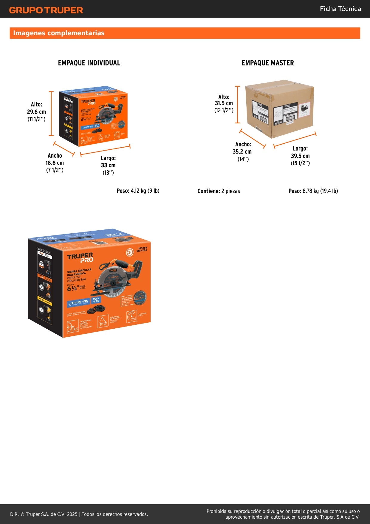 Sierra Circular 6-1/2 Pulgadas 20V Inalámbrica TRUPER PRO SICI-20A con Batería 4Ah - Corte Bisel 50° Profesional