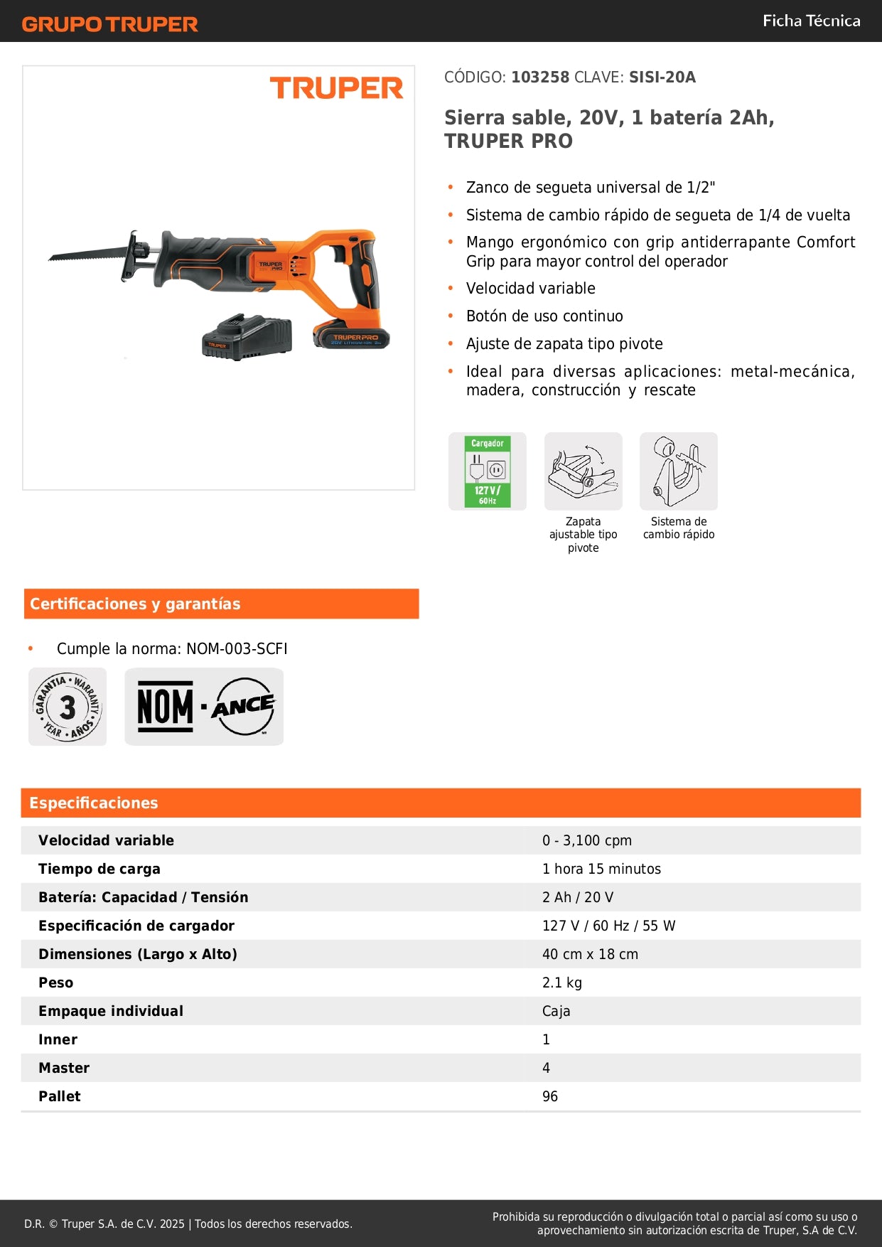 Sierra Sable 20V TRUPER PRO - Batería 2Ah - Cambio Rápido - Velocidad Variable SISI-20A