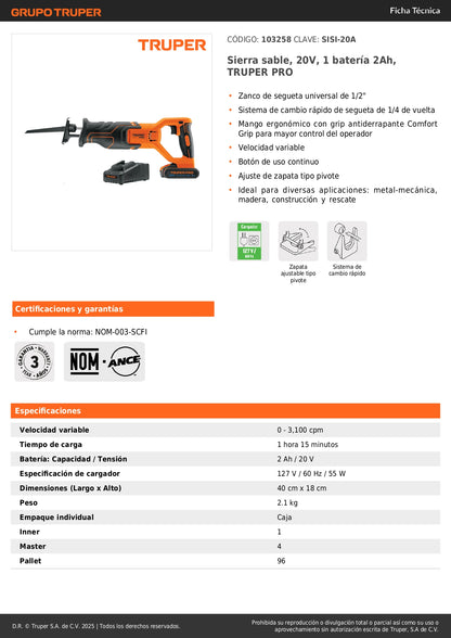 Sierra Sable 20V TRUPER PRO - Batería 2Ah - Cambio Rápido - Velocidad Variable SISI-20A