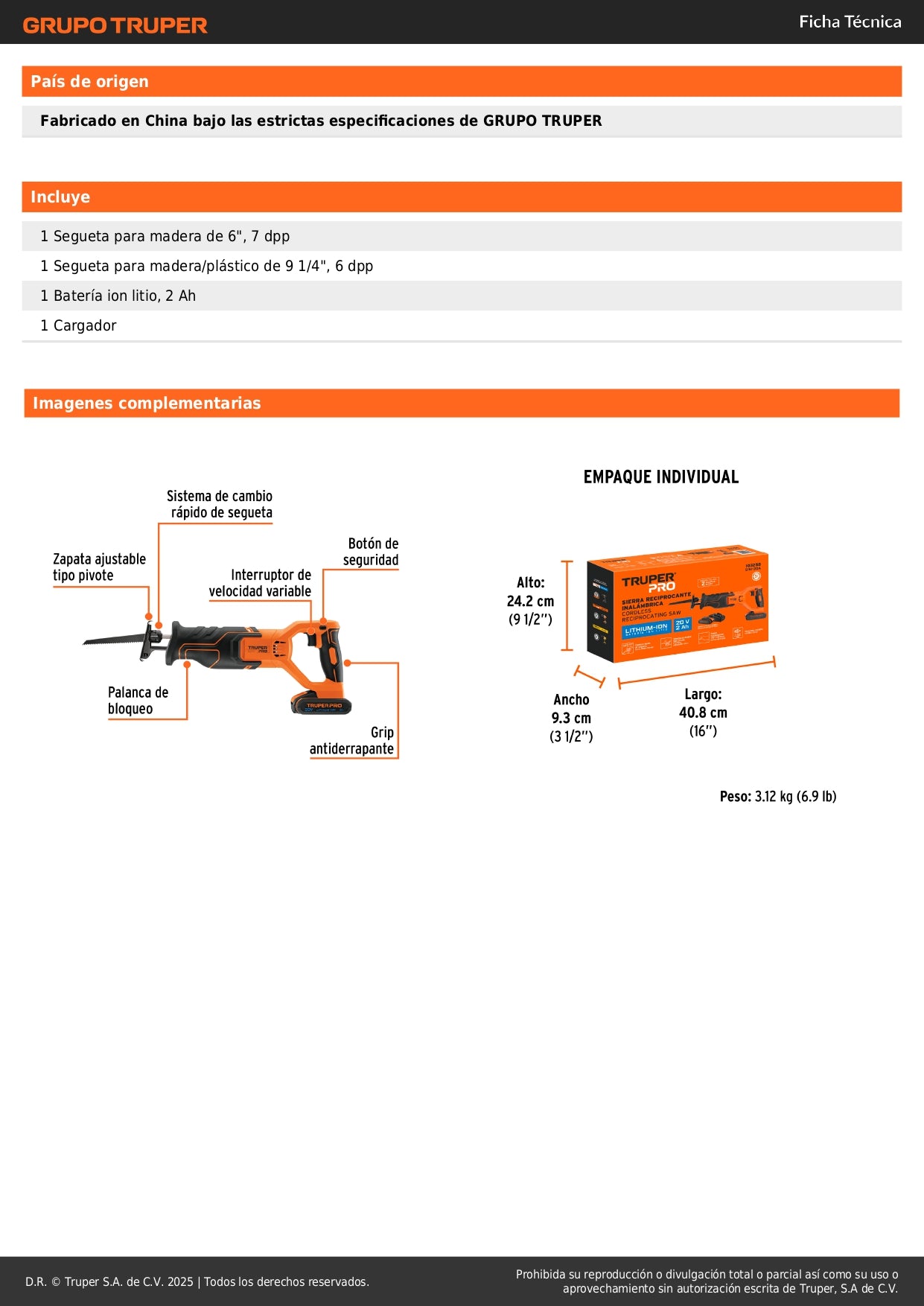 Sierra Sable 20V TRUPER PRO - Batería 2Ah - Cambio Rápido - Velocidad Variable SISI-20A