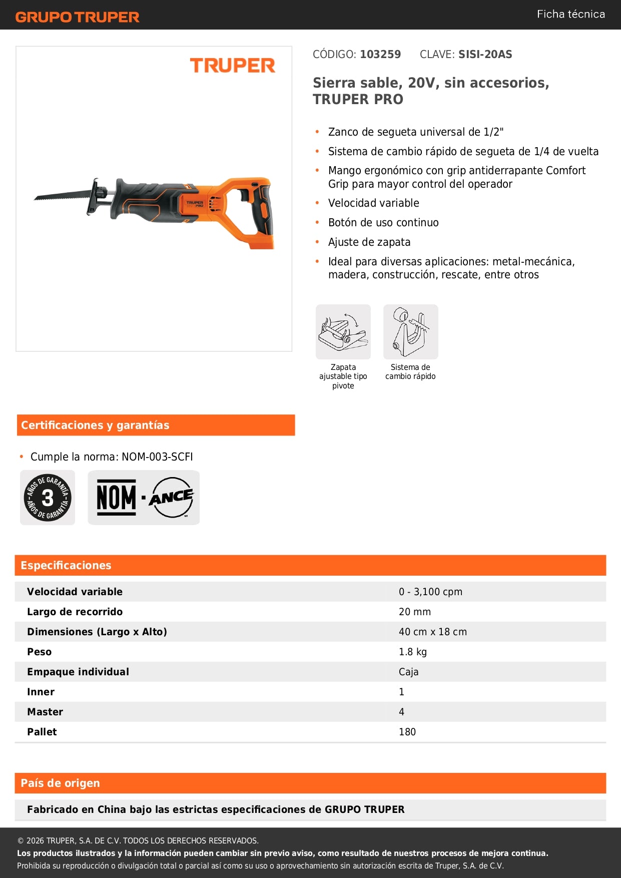 Sierra sable, 20V, sin accesorios, TRUPER PRO