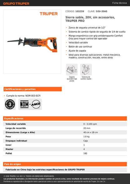 Sierra sable, 20V, sin accesorios, TRUPER PRO