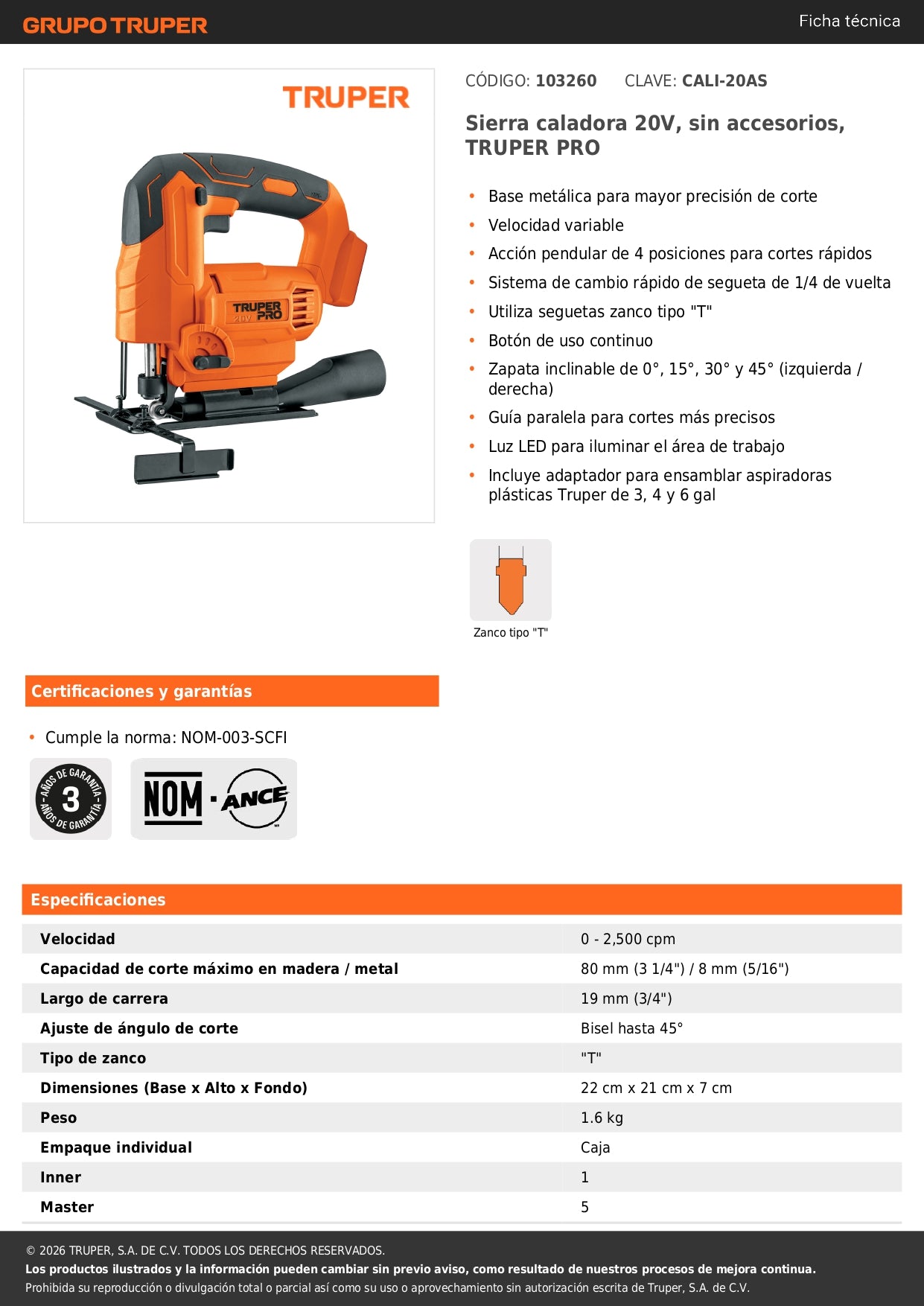 Sierra caladora 20V, sin accesorios, TRUPER PRO
