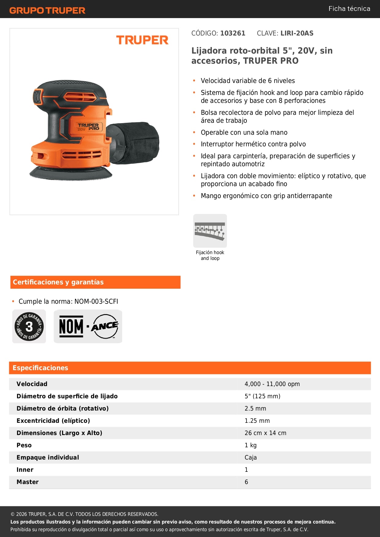 Lijadora roto-orbital 5", 20V, sin accesorios, TRUPER PRO