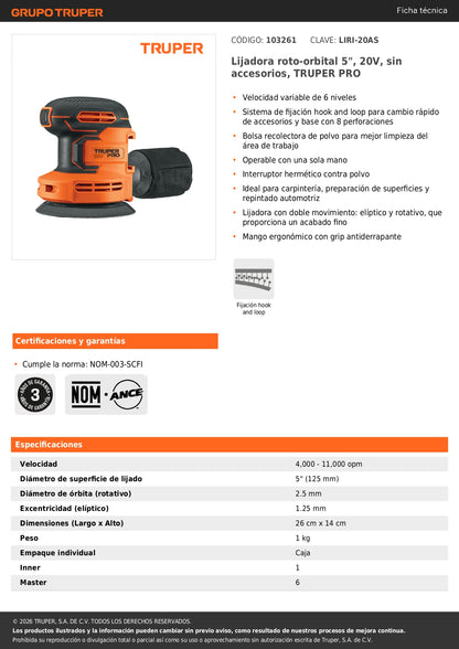 Lijadora roto-orbital 5", 20V, sin accesorios, TRUPER PRO