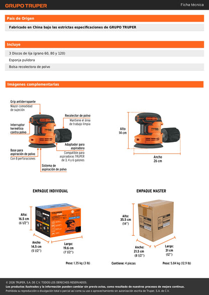 Lijadora roto-orbital 5", 20V, sin accesorios, TRUPER PRO