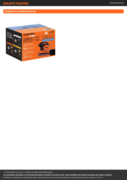 Lijadora roto-orbital 5", 20V, sin accesorios, TRUPER PRO