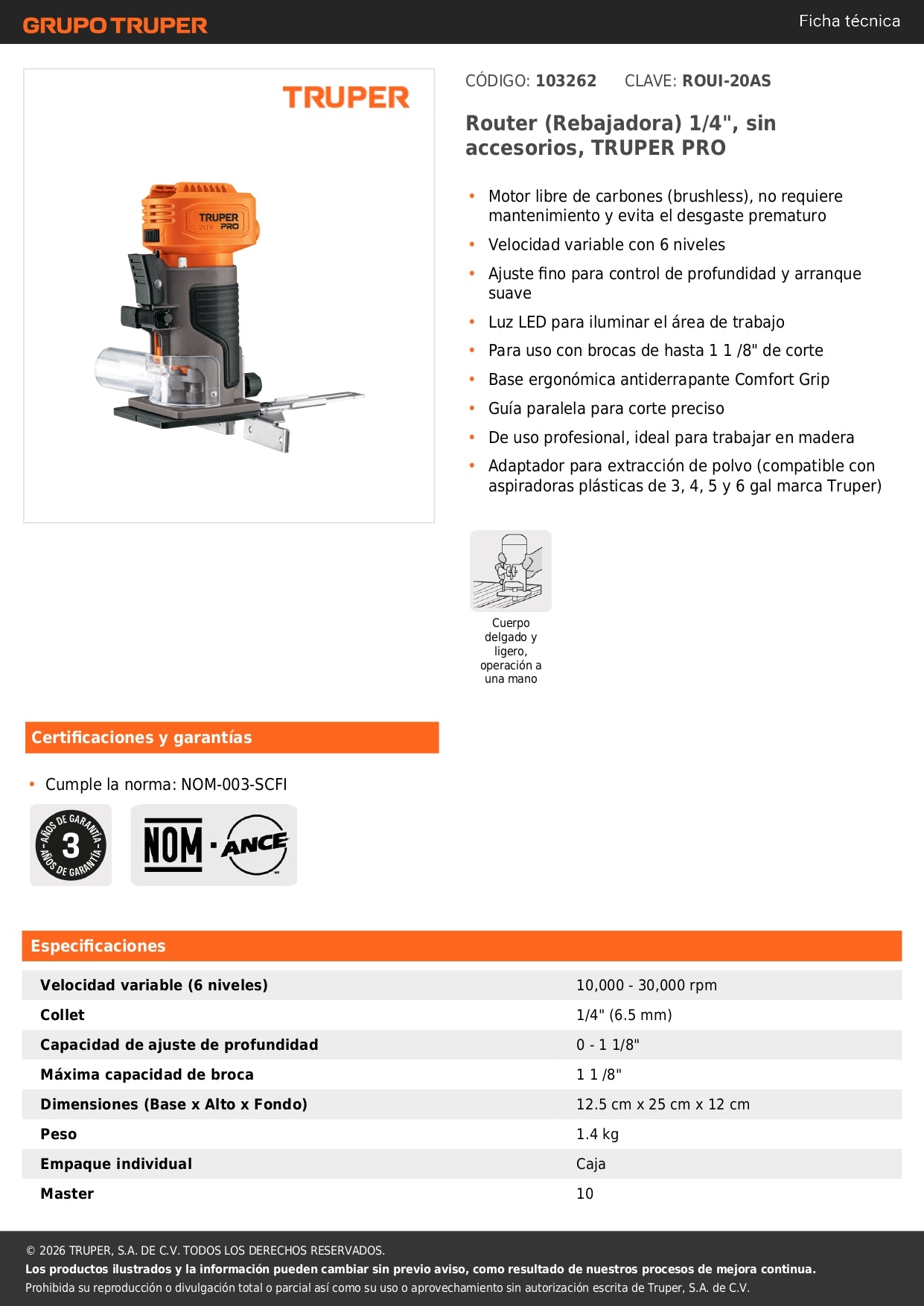 Router (Rebajadora) 1/4", sin accesorios, TRUPER PRO