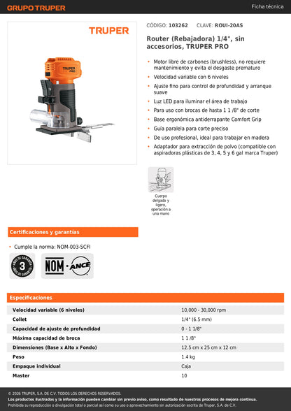 Router (Rebajadora) 1/4", sin accesorios, TRUPER PRO