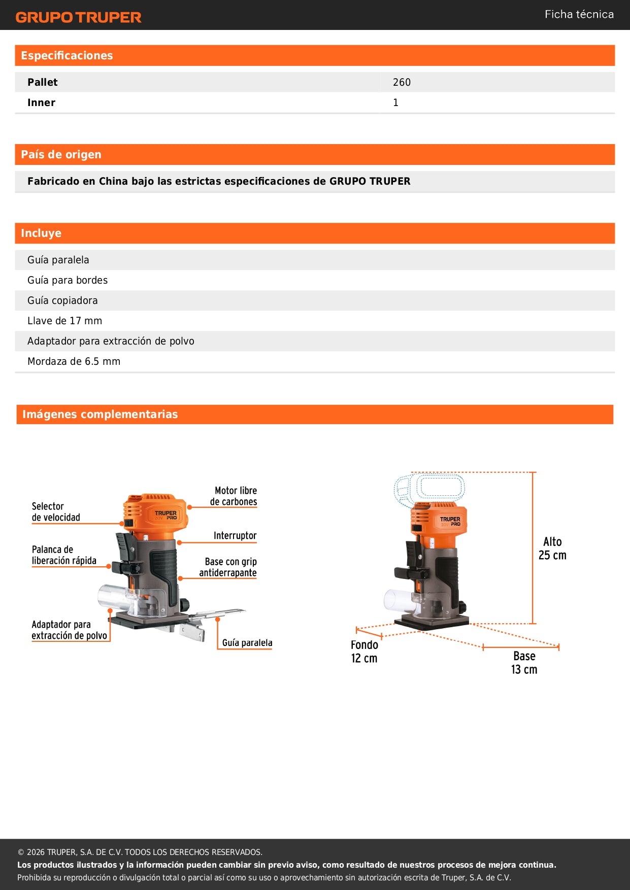 Router (Rebajadora) 1/4", sin accesorios, TRUPER PRO