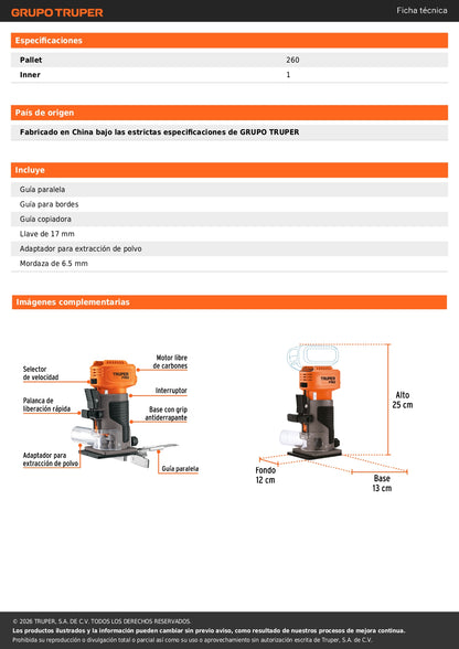 Router (Rebajadora) 1/4", sin accesorios, TRUPER PRO