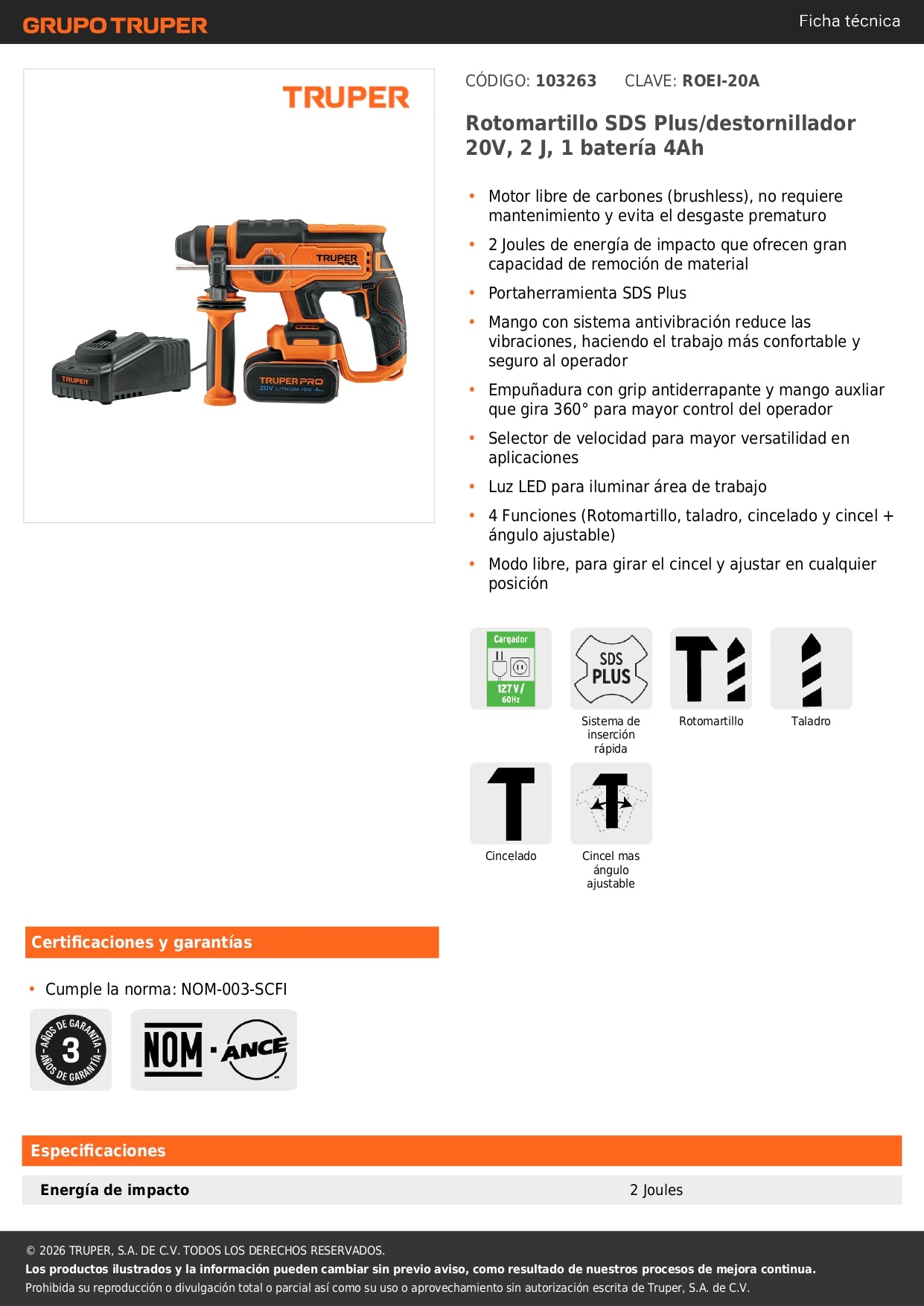 Rotomartillo SDS Plus/destornillador 20V, 2 J, 1 batería 4Ah